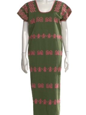 Olive Green Midi Dress with Pink Embroidered Bands
